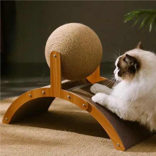 Long-haired cat playing with the sisal ball on the wooden arch scratcher