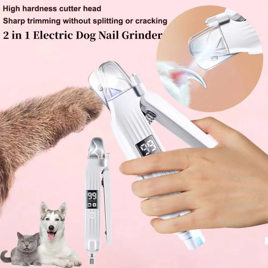 The 2-in-1 nail clipper and grinder held against a dog's paw