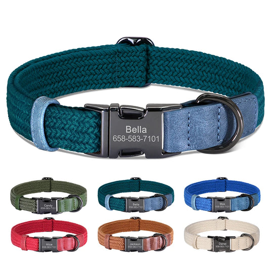 Teal braided nylon collar with an engraved buckle, above all six colours in a row