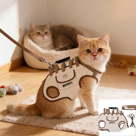 Ginger cat sitting in the cream and brown carrier bag with legs through the openings
