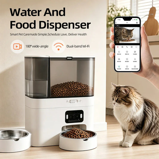 Tabby cat beside the feeder and water dispenser, with the camera view on a phone