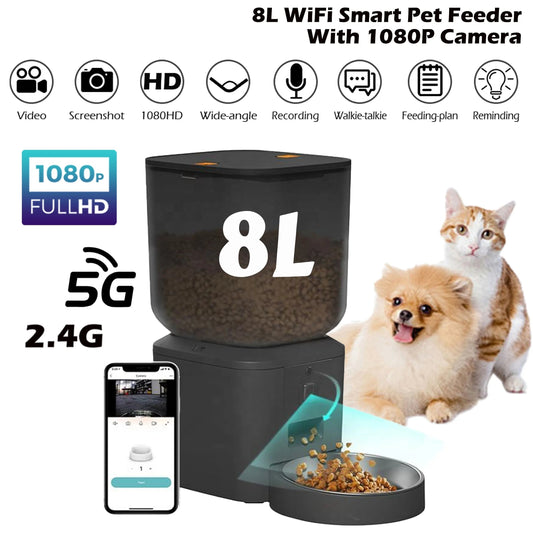 An 8 litre smart pet feeder with a 1080p camera, shown with a cat and a dog