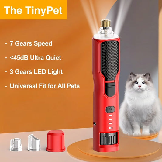 The red 7-speed pet nail grinder with its caps and grinding heads
