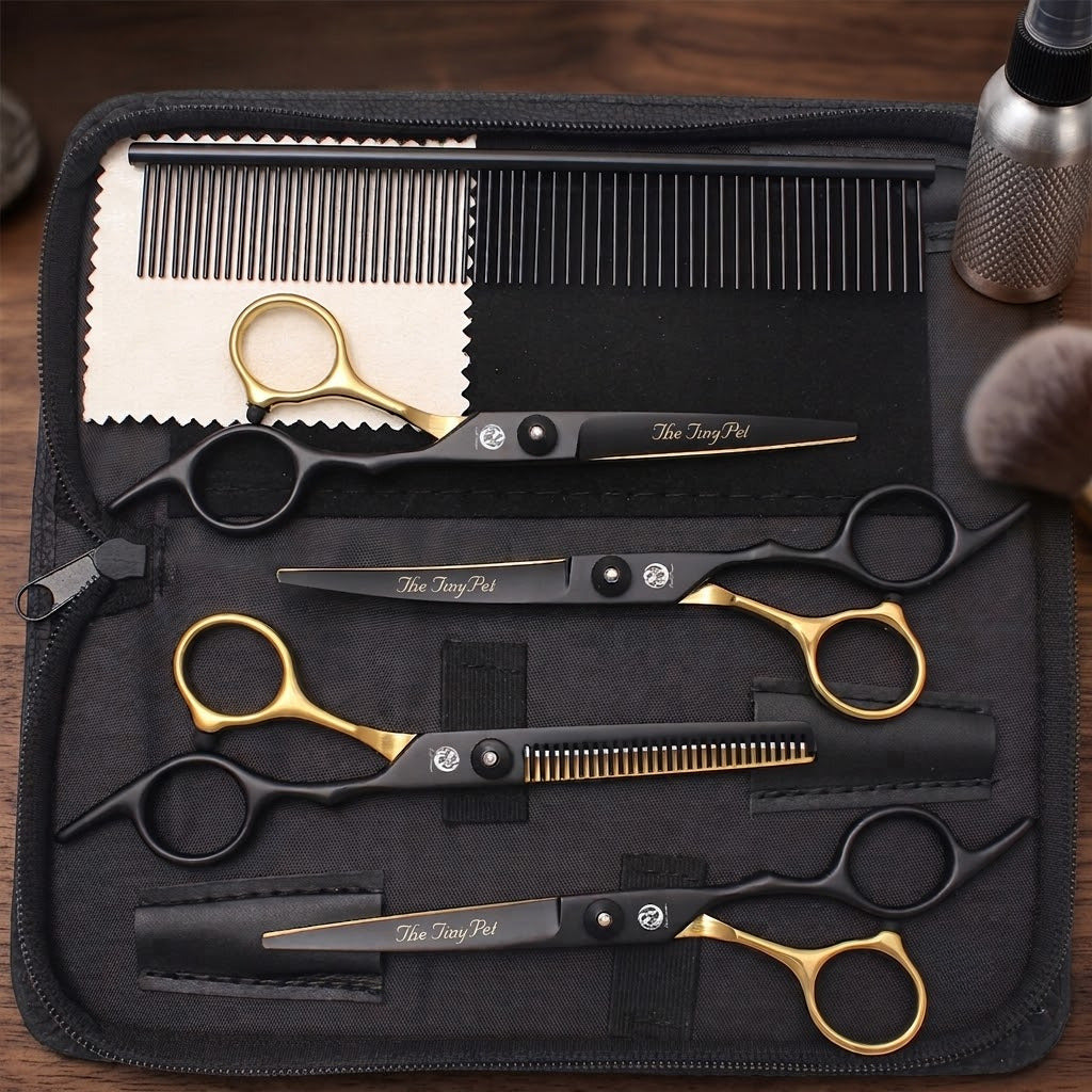 Black and gold grooming scissors set open in its case on a wooden bench