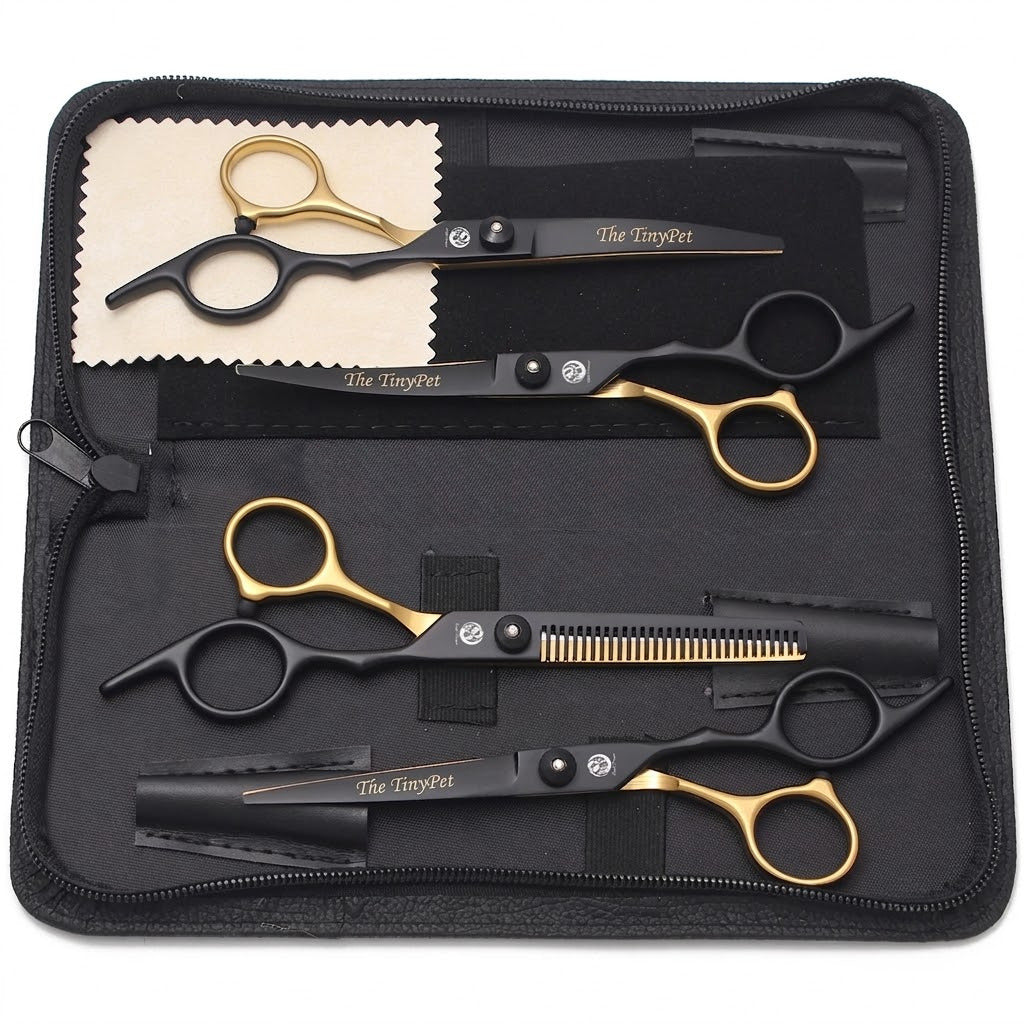 Black and gold shears fitted into the elastic loops of the case