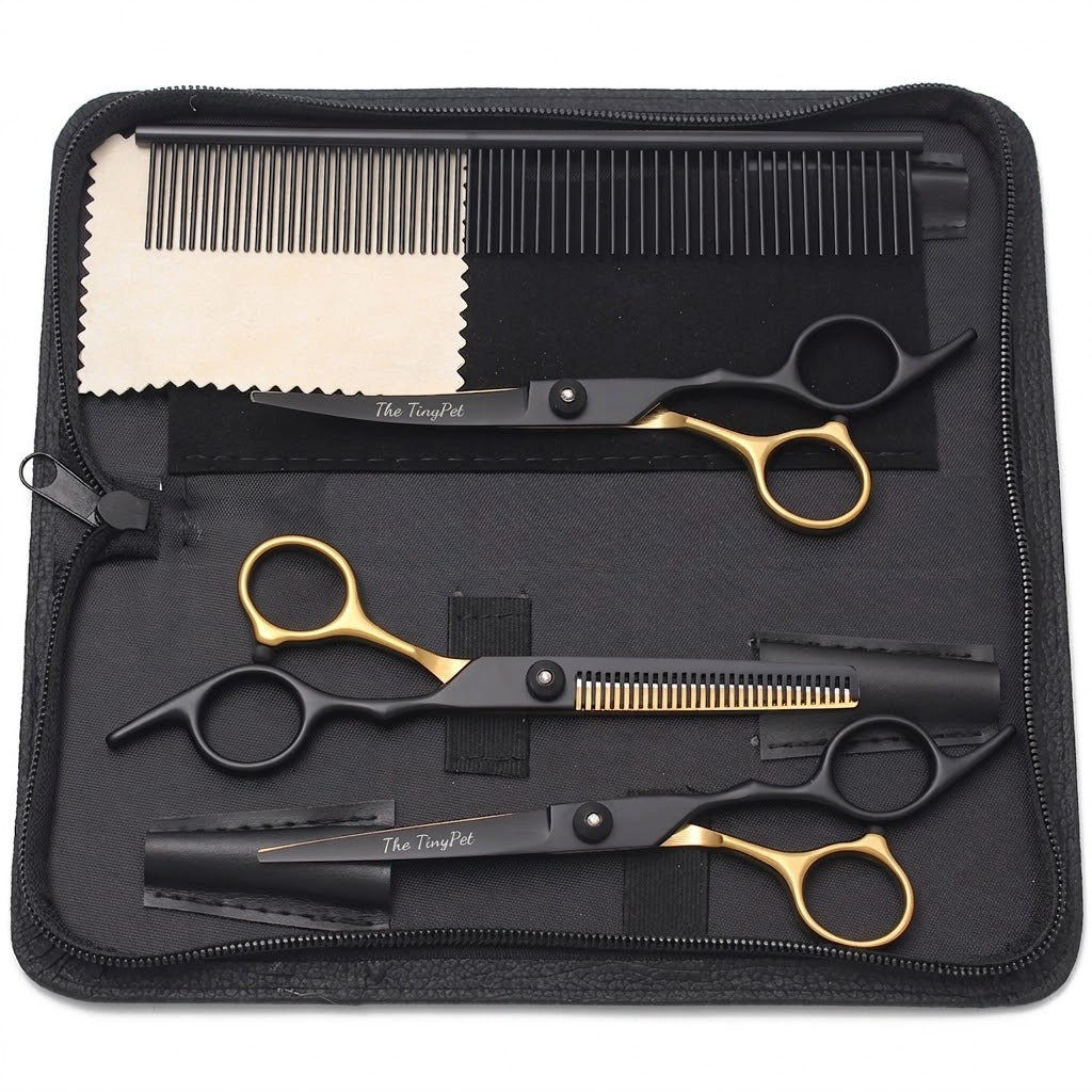 Black and gold set with comb, cloth and three shears in the case