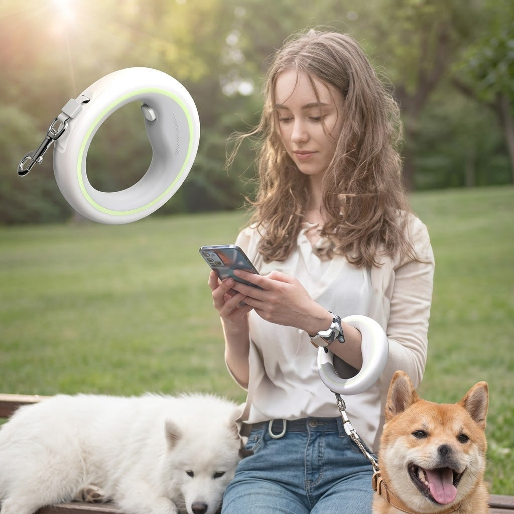 Woman sitting on grass holding the white ring leash with a Samoyed and a Shiba Inu beside her