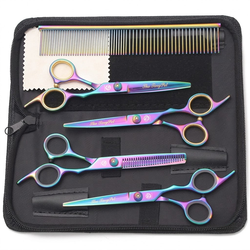 Rainbow finish shears arranged in the open case