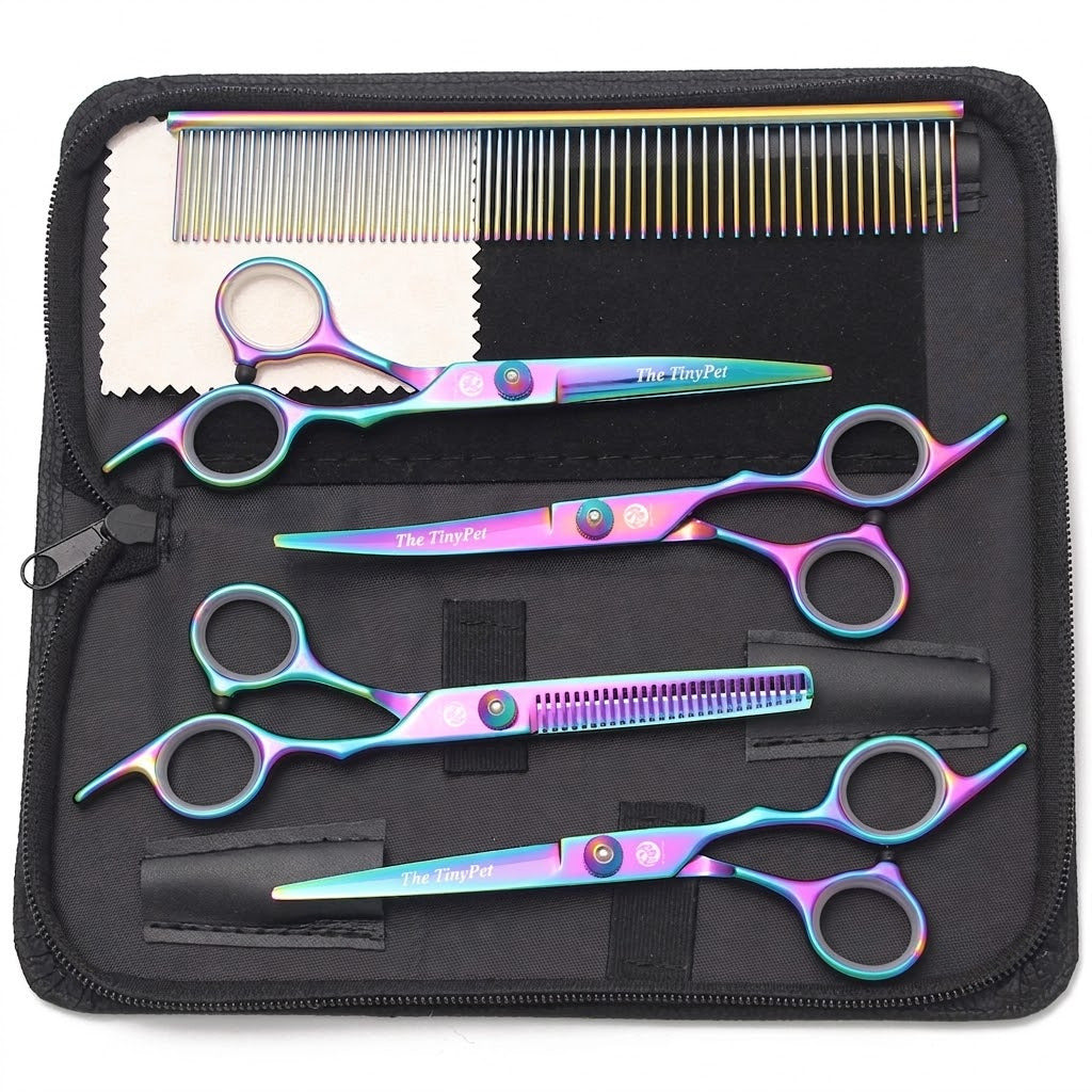 Rainbow finish set showing straight, thinning and curved shears