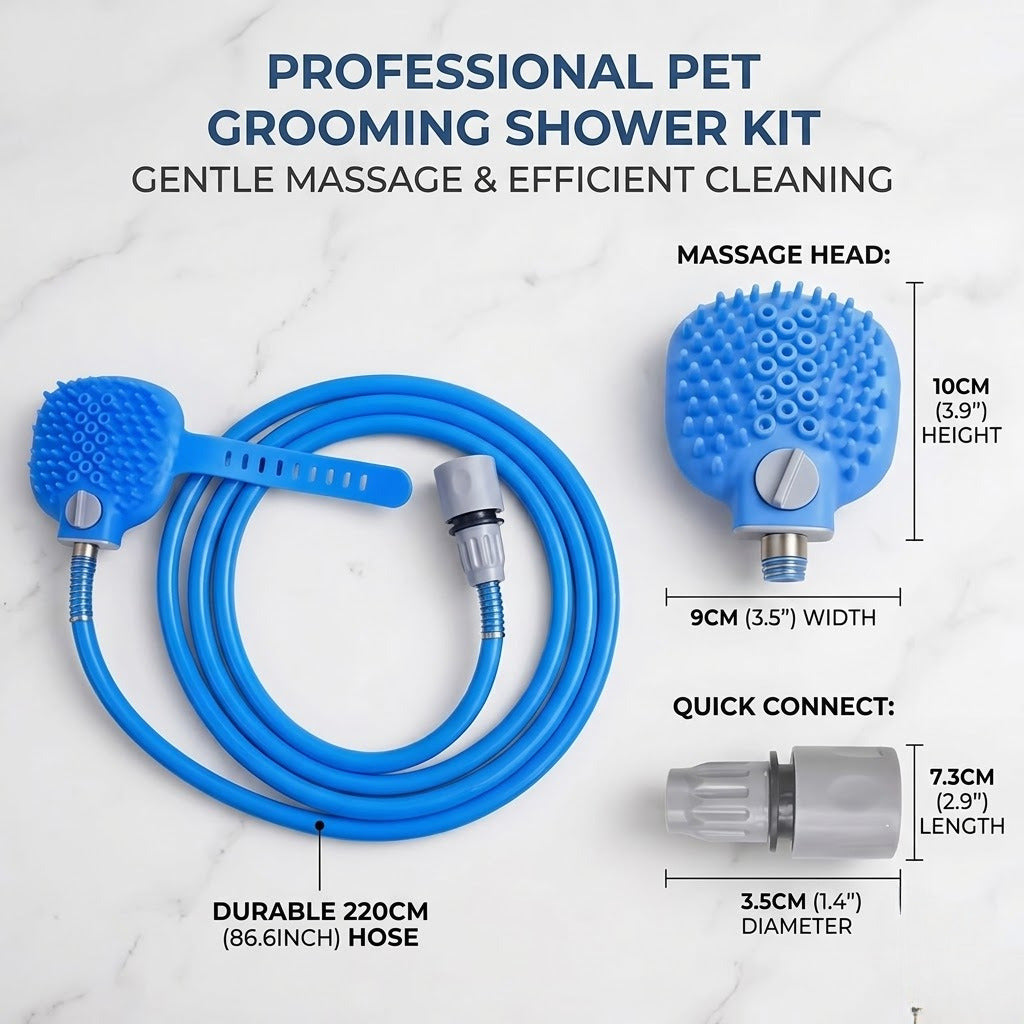 Measurements: massage head 10 by 9 cm, hose 220 cm, quick connect 7.3 cm
