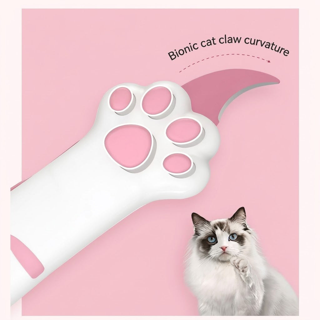 Close-up of the curved claw-shaped blade, with a ragdoll cat behind it
