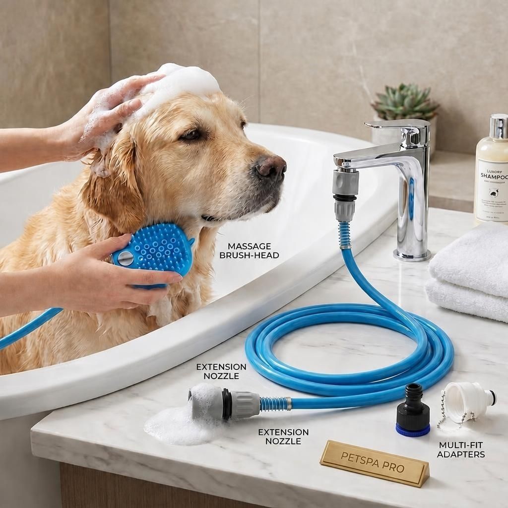The kit laid out beside a bath: massage brush head, extension nozzles, hose and multi-fit tap adapters