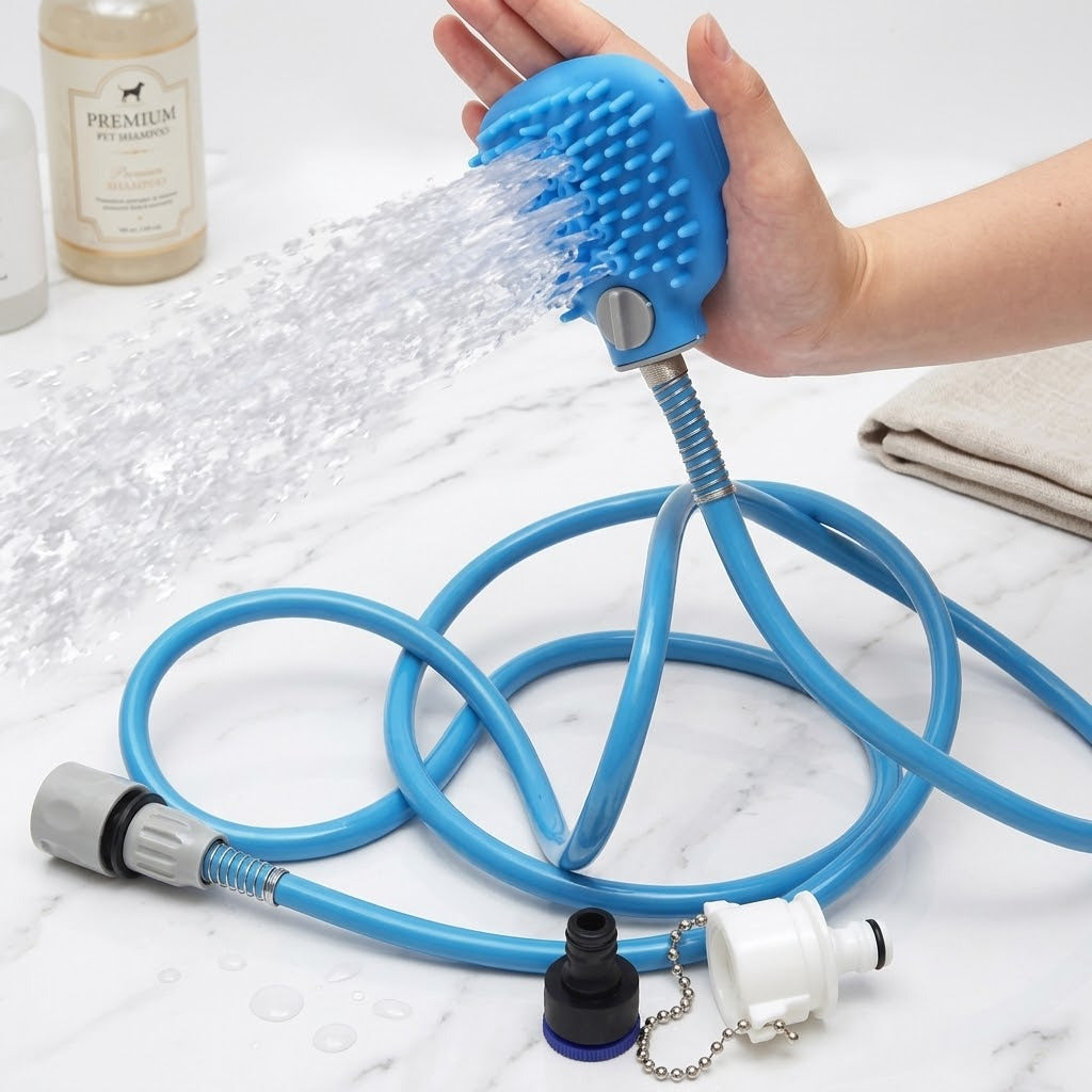 Water running through the soft-tipped brush head held in one hand
