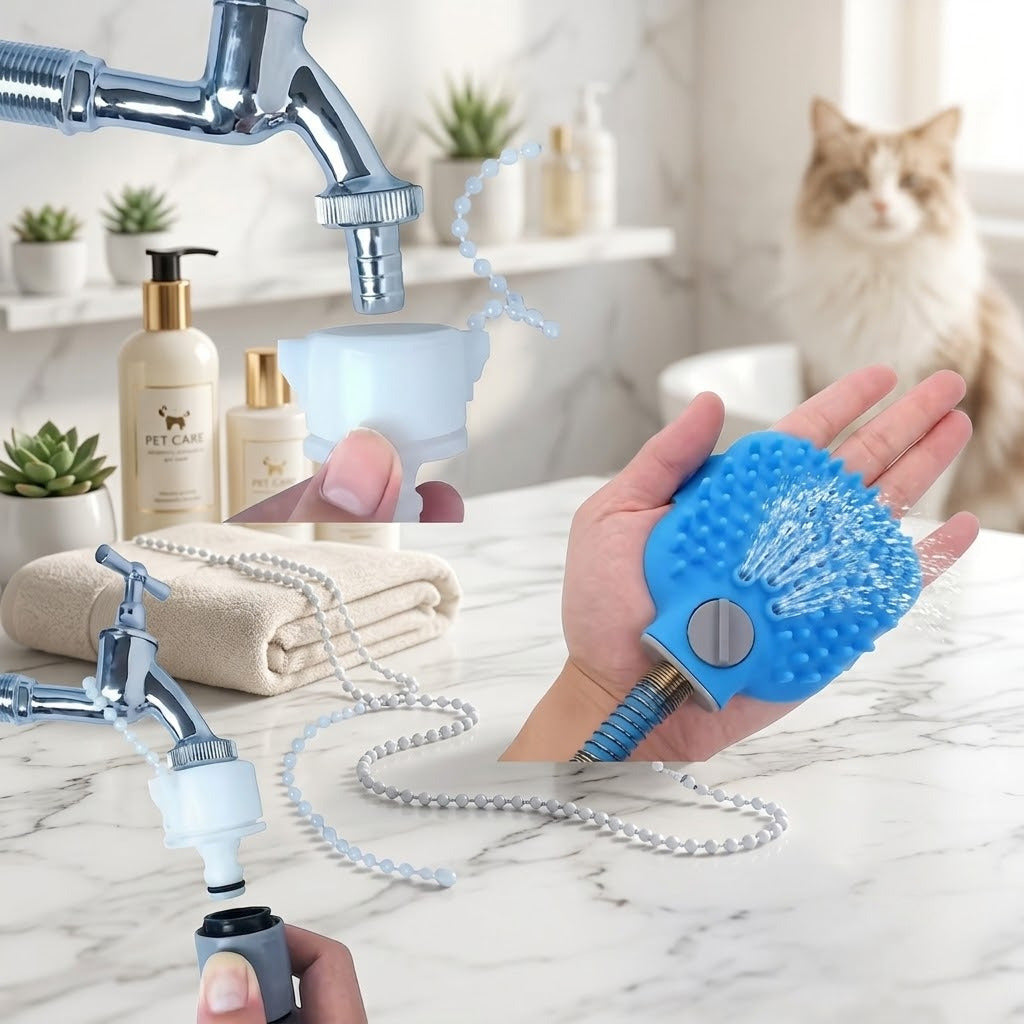 The sprayer connected to a bathroom tap with a cat watching from the bench