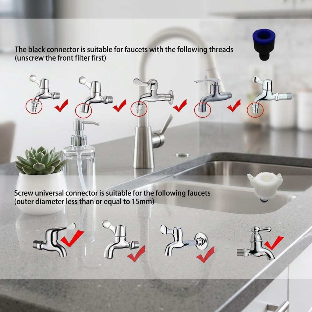 Tap compatibility chart showing which spout threads the two adapters fit
