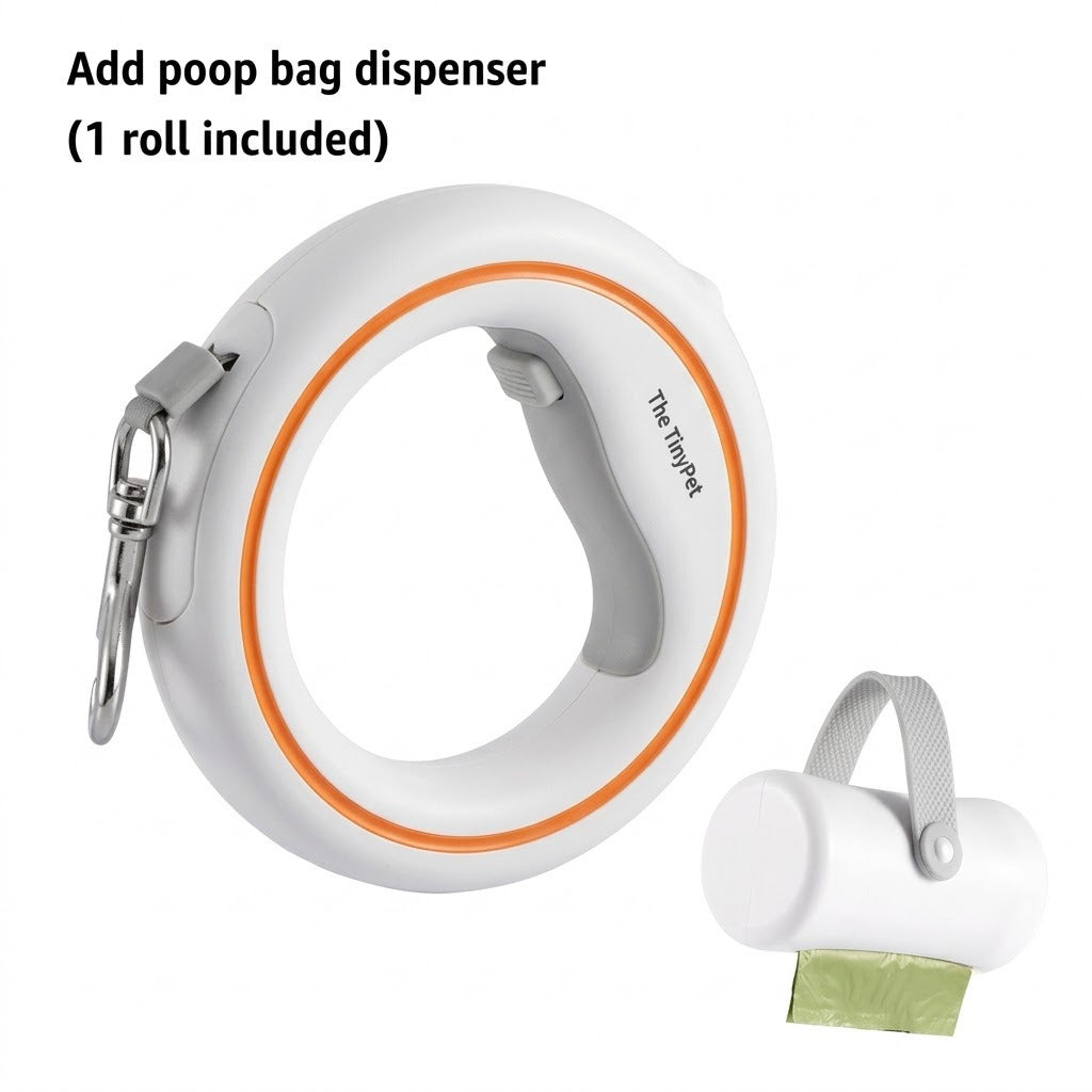 White and orange ring leash with the matching bag dispenser attached
