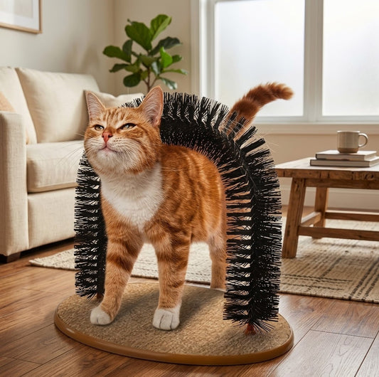A ginger cat brushing against a complete arch groomer - this listing is the black bristle strip only, the frame and base are not included