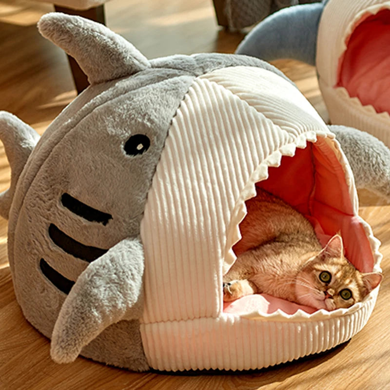 Grey shark cave bed with a cat curled on the cushion inside