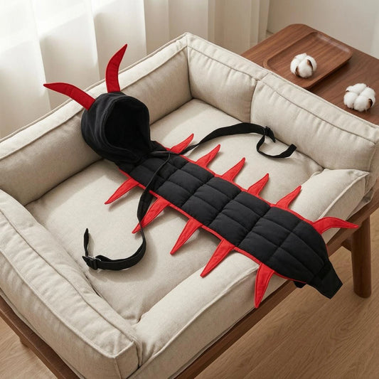 The centipede costume laid out on a pet bed