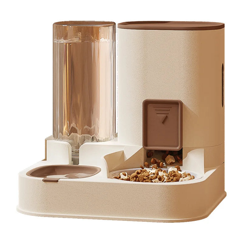Brown all-in-one pet feeder and waterer photographed against a plain background
