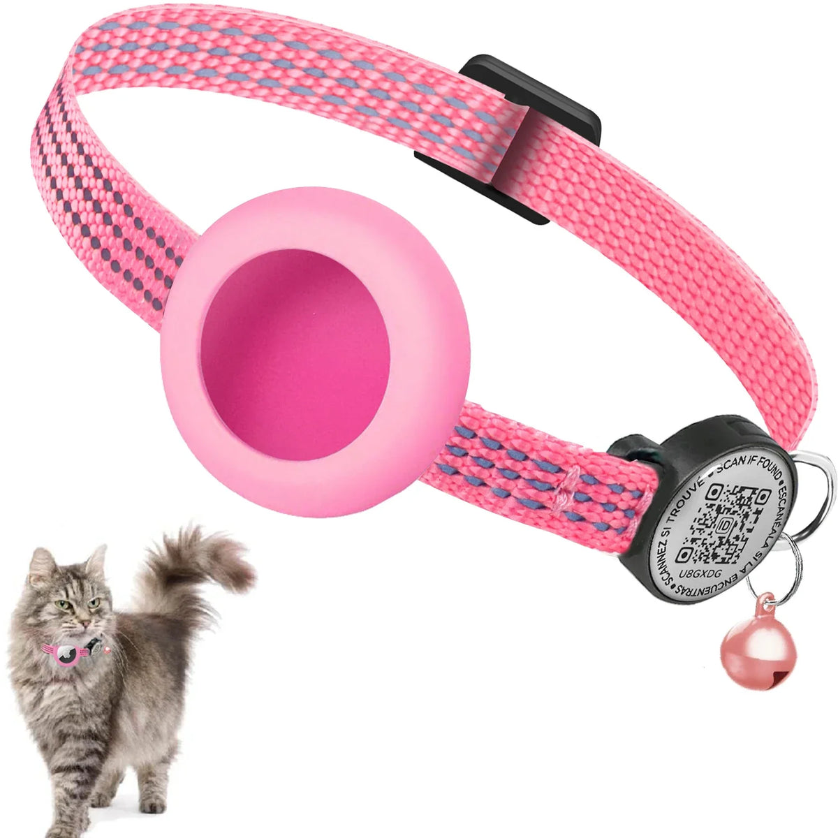 Pink collar with an empty AirTag holder, QR tag and bell