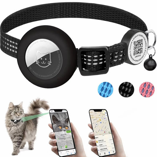 Black reflective collar with an AirTag in the holder, the three colours, and a cat shown on the Find My map