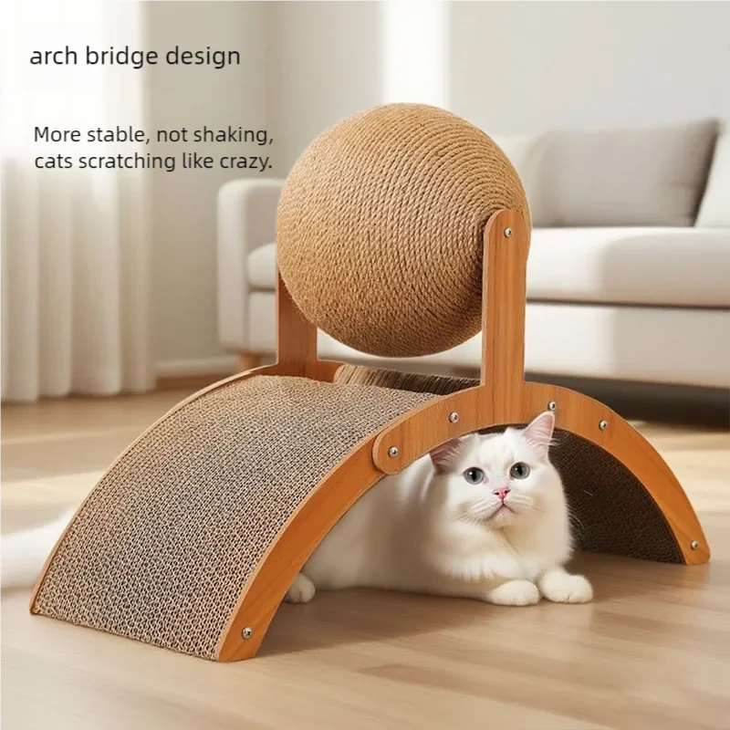 The arch scratcher with a white cat lying beside it
