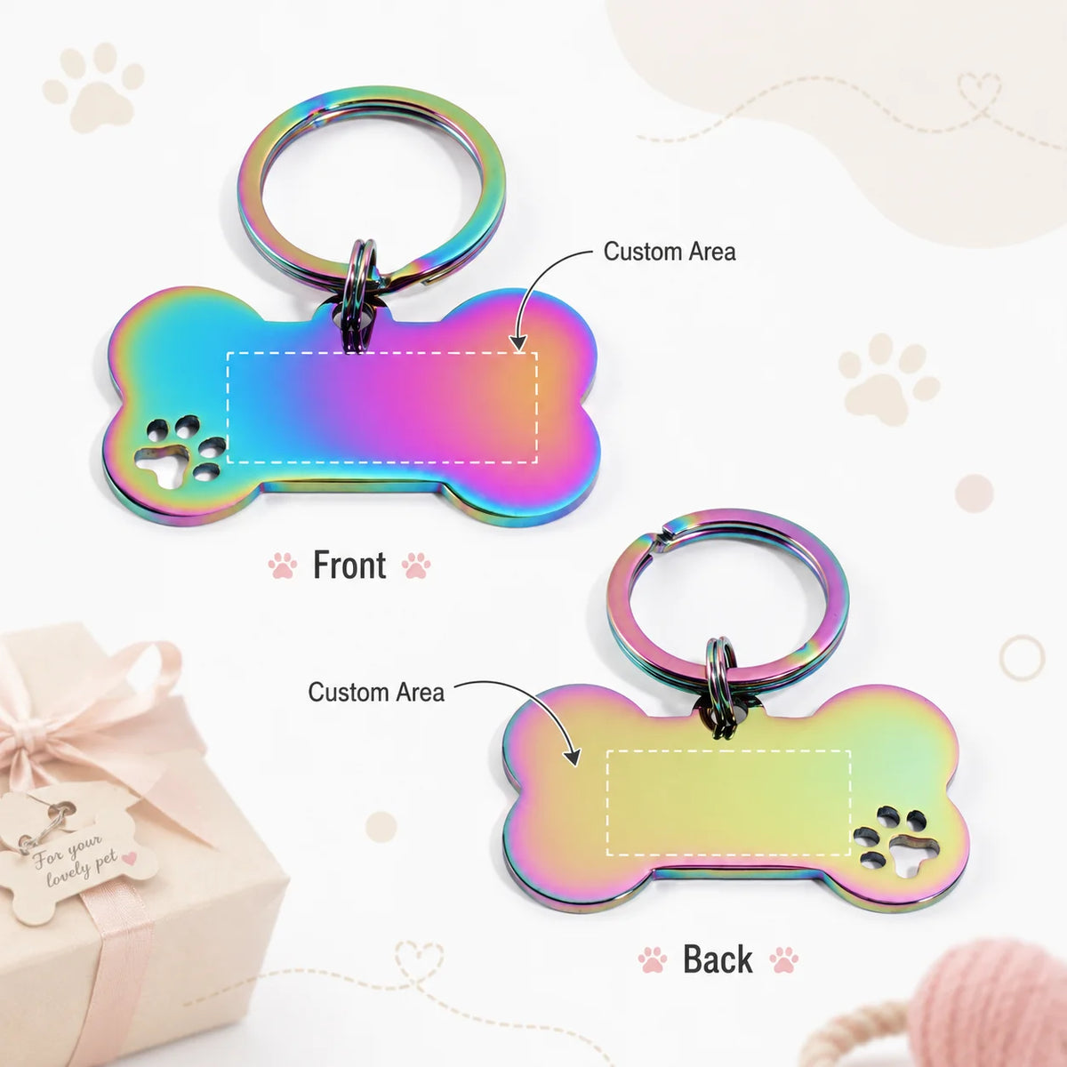 Rainbow finish bone tag shown front and back