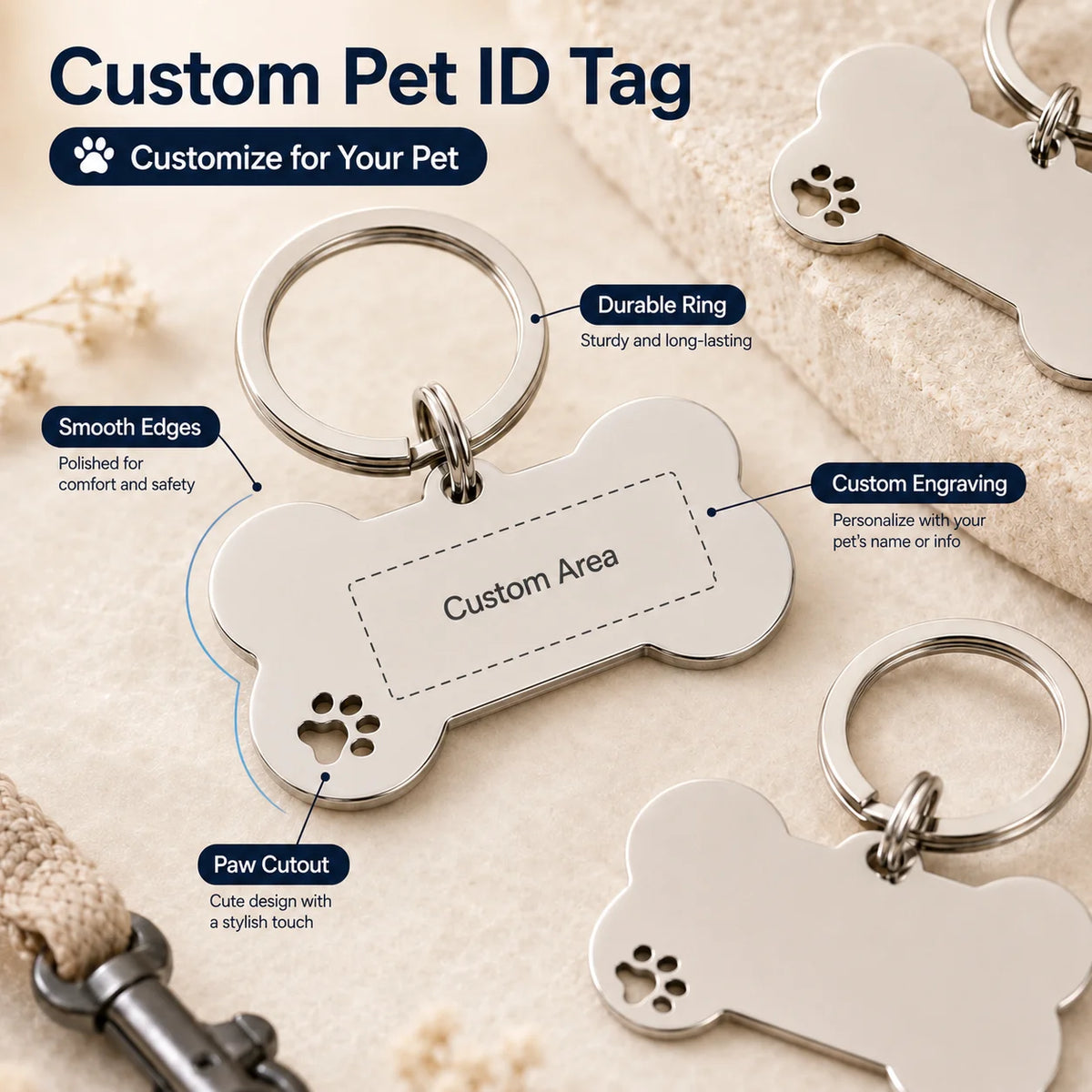 Labelled view of the tag showing the split ring, polished edges, engraving area and paw cutout