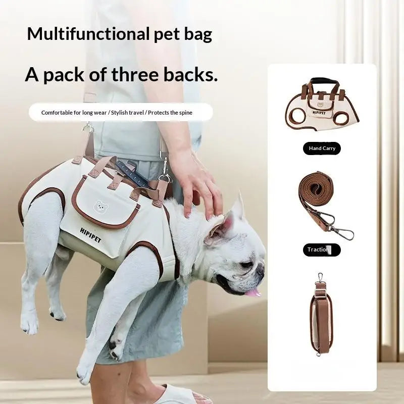 The carrier shown worn three different ways with a small dog