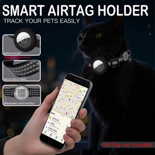 Black cat at night wearing the collar, with a phone showing its location in Find My
