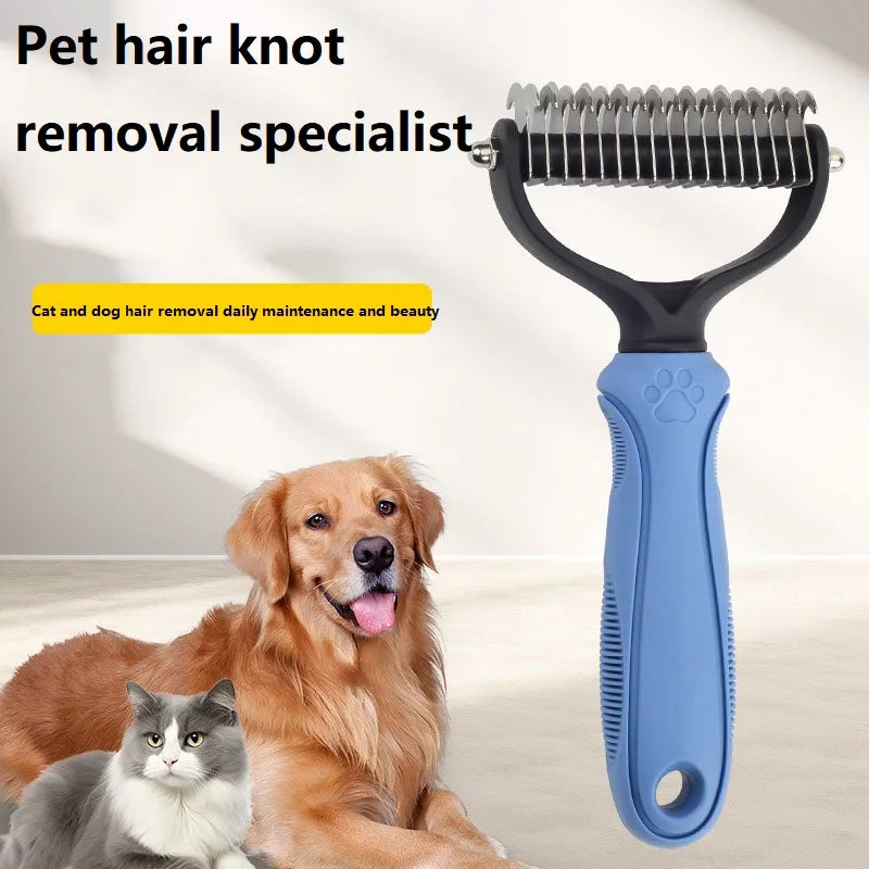 The rake described as a knot removal tool, with a cat and a dog
