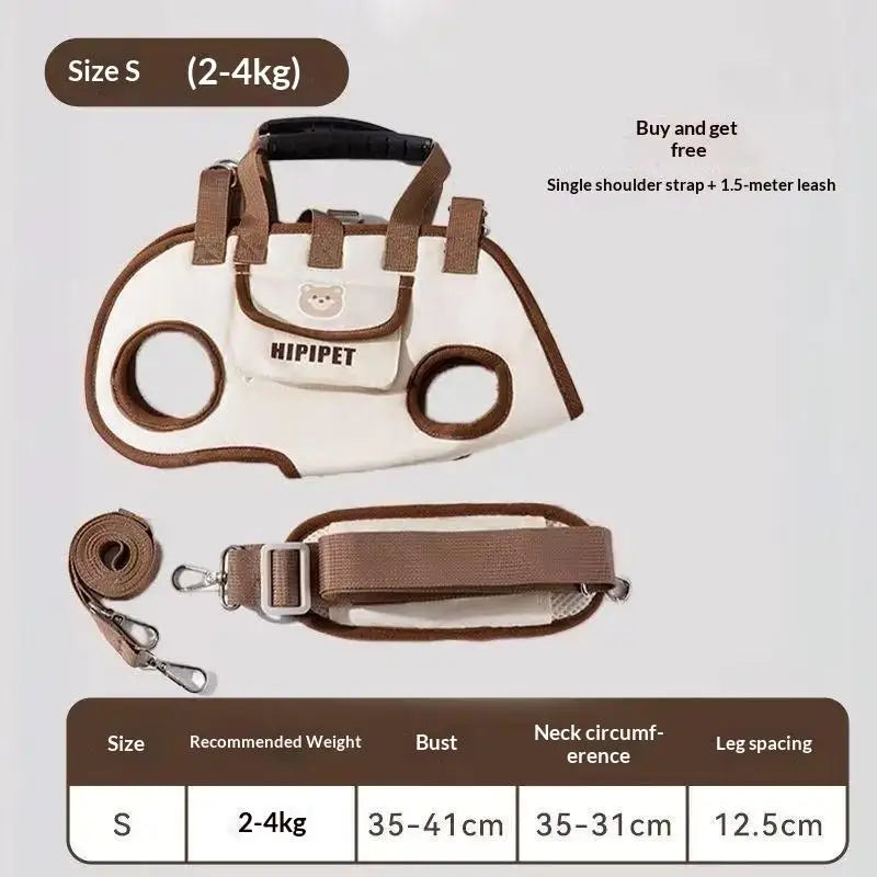 Size chart for S: 2 to 4 kg, chest 35 to 41 cm, leg spacing 12.5 cm