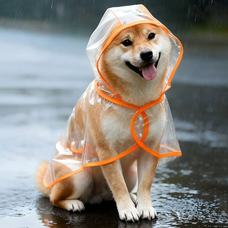 A shiba inu sitting in the rain wearing the clear hooded raincoat
