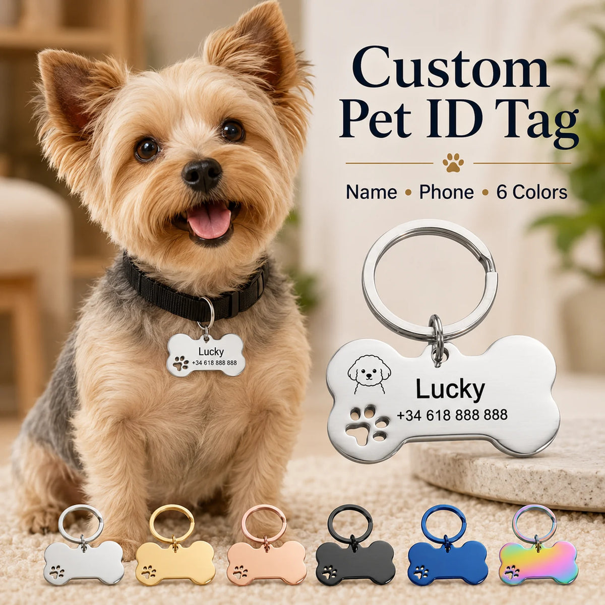 Yorkshire terrier wearing the tag, with all six finishes lined up below