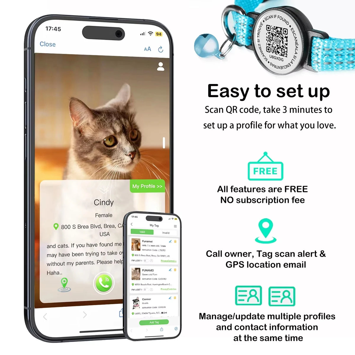 Phone showing the online pet profile a finder sees after scanning the QR tag