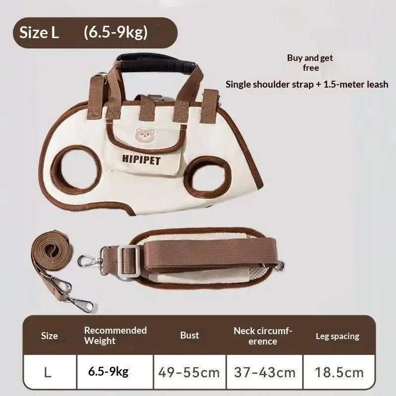 Size chart for L: 6.5 to 9 kg, chest 49 to 55 cm, leg spacing 18.5 cm
