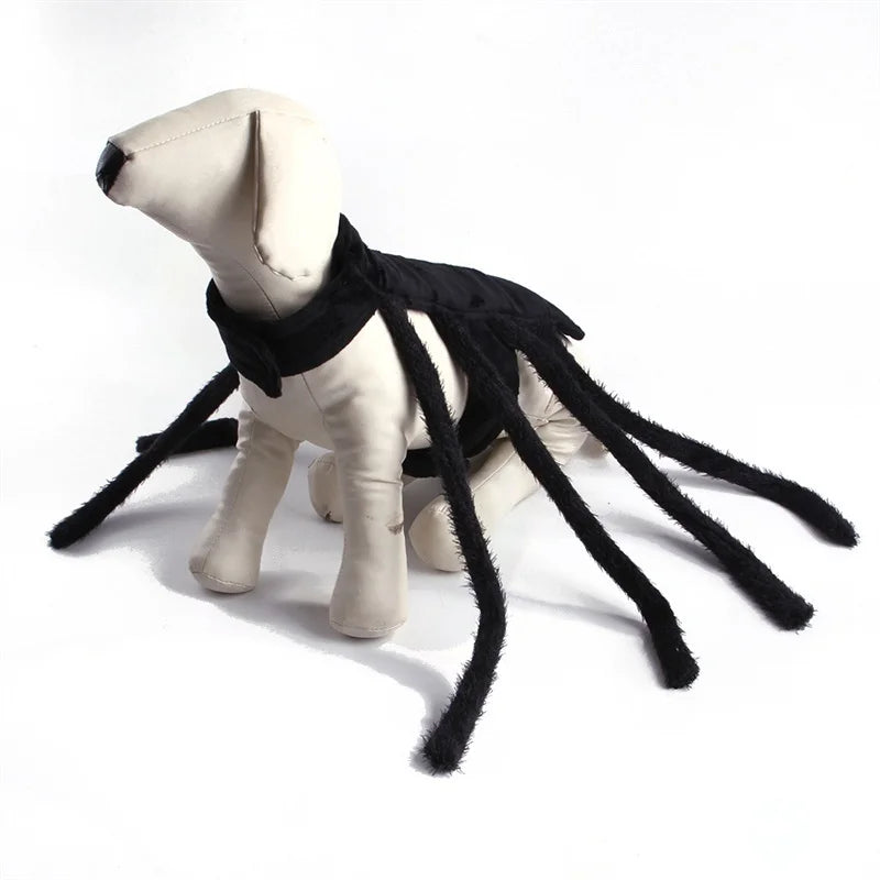 The spider costume on a dog mannequin, seen from the side