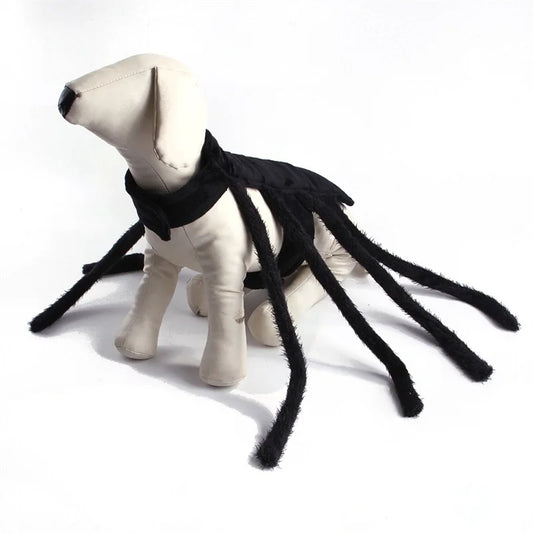 The spider costume on a dog mannequin, seen from the side