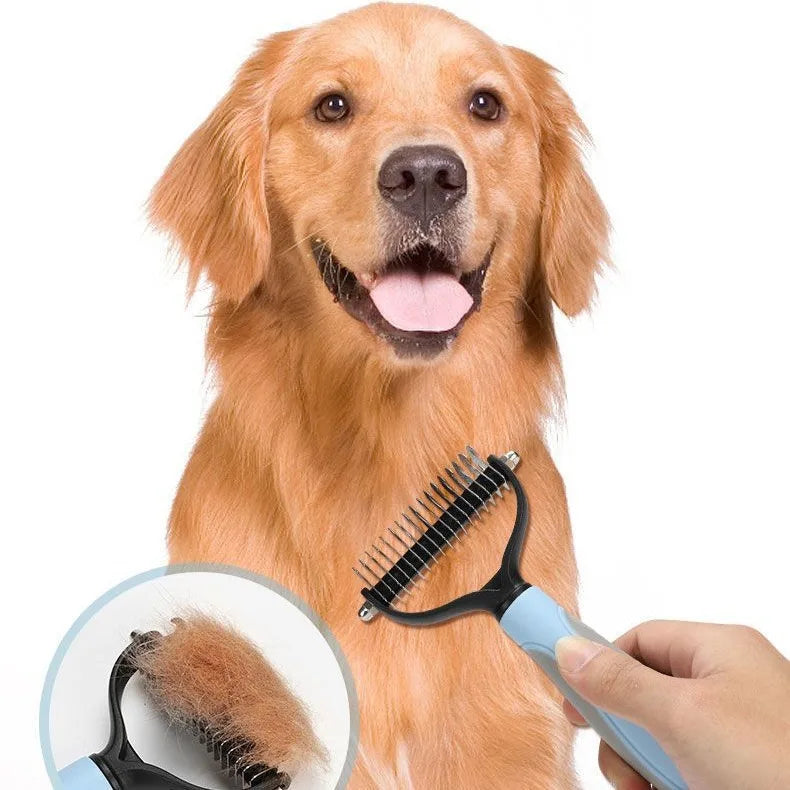 A dog being groomed with the rake