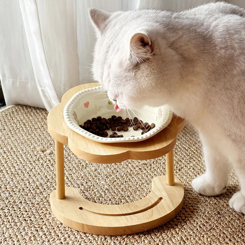White cat eating from a patterned bowl in the wooden stand