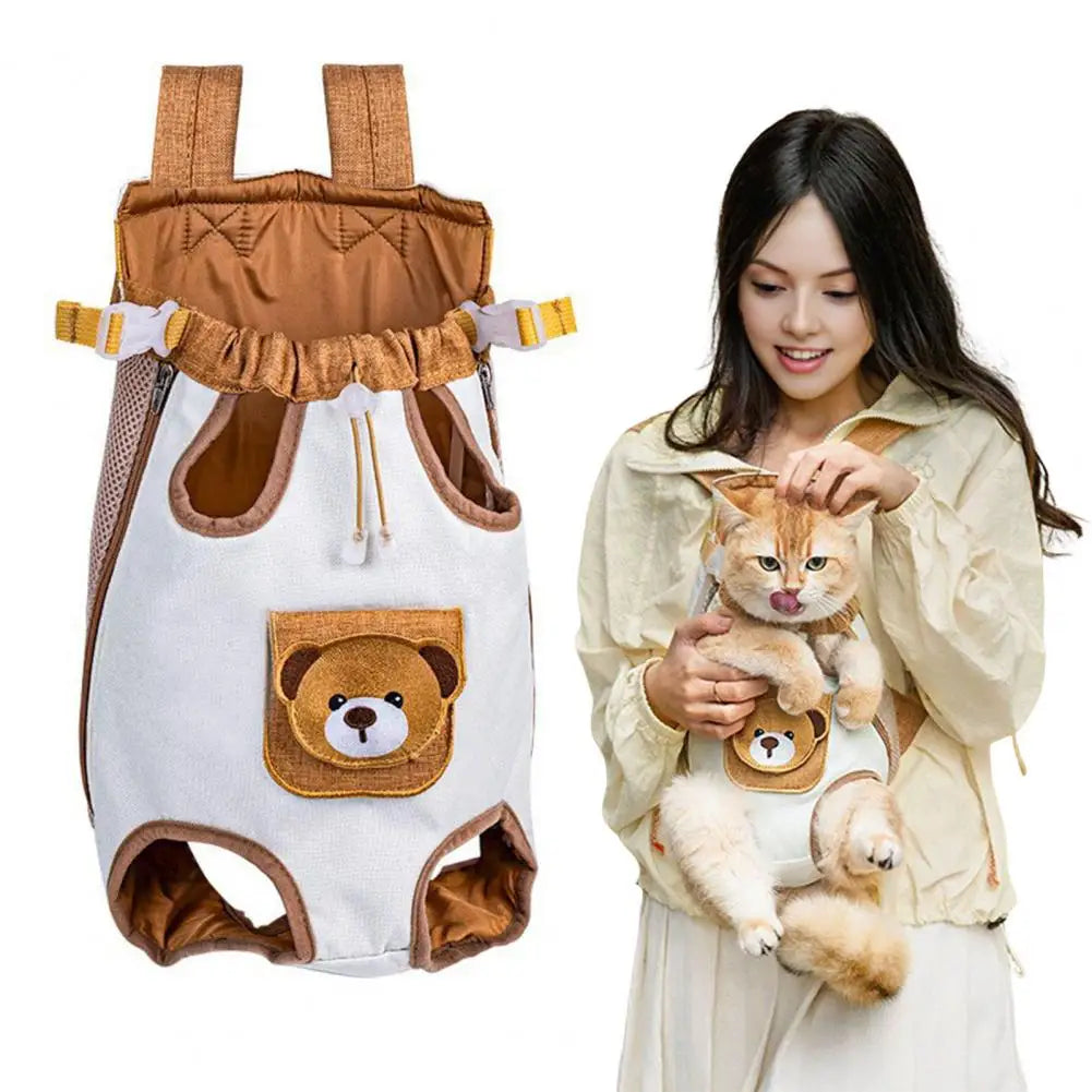 The carrier on its own beside a woman wearing it with a ginger cat looking out