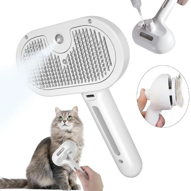 Steam grooming brush being used on a grey cat