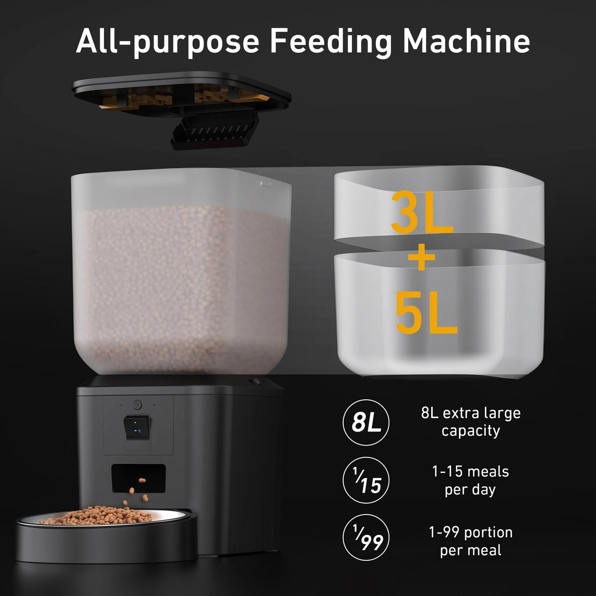 Cut-away of the 8 litre hopper split into a 3 litre and a 5 litre chamber