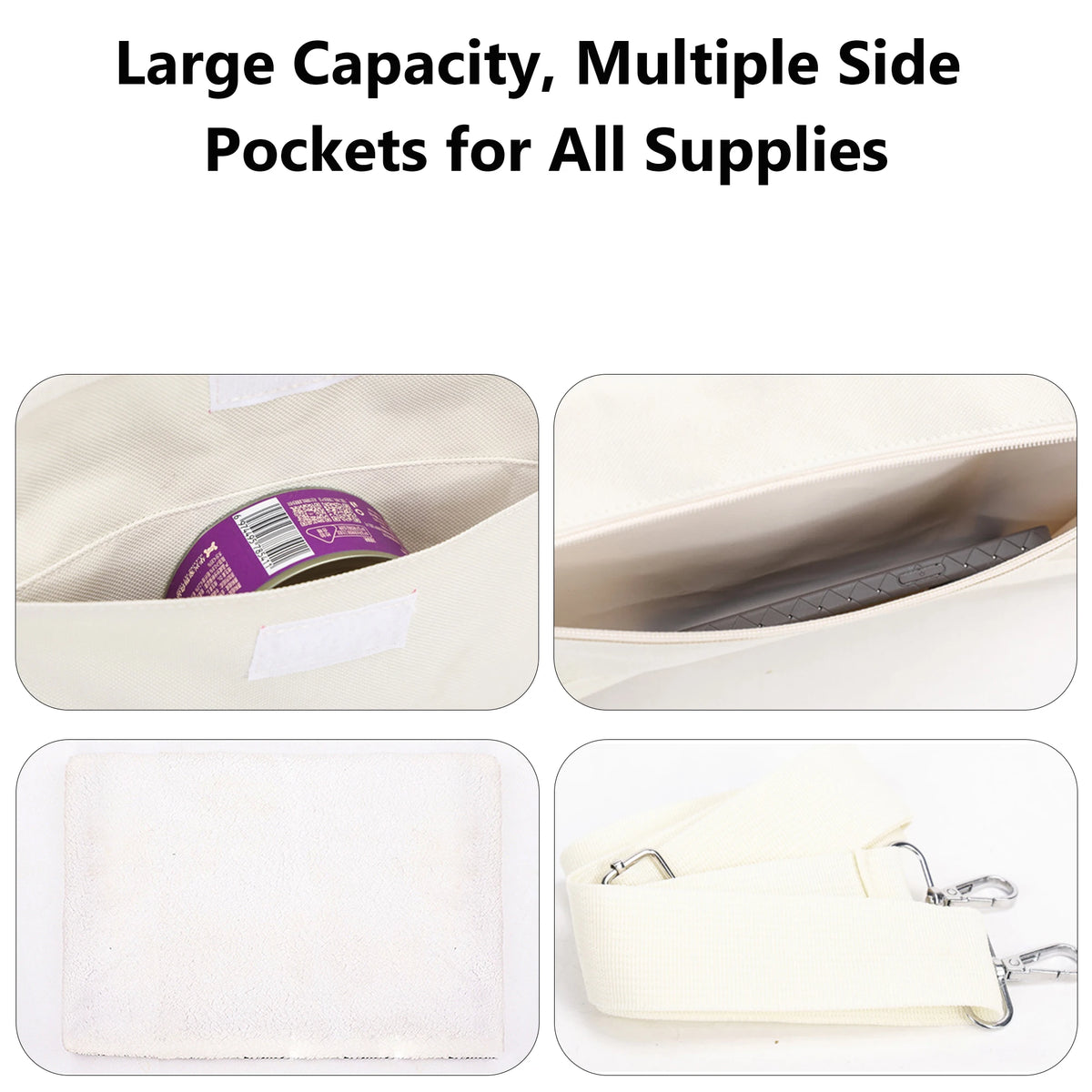 Close-ups of the side pockets holding a treat pouch, and the removable base pad