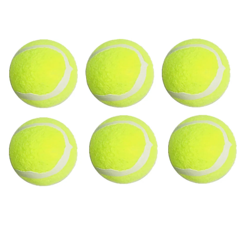Six tennis balls. Supplier photo; the launcher comes with two