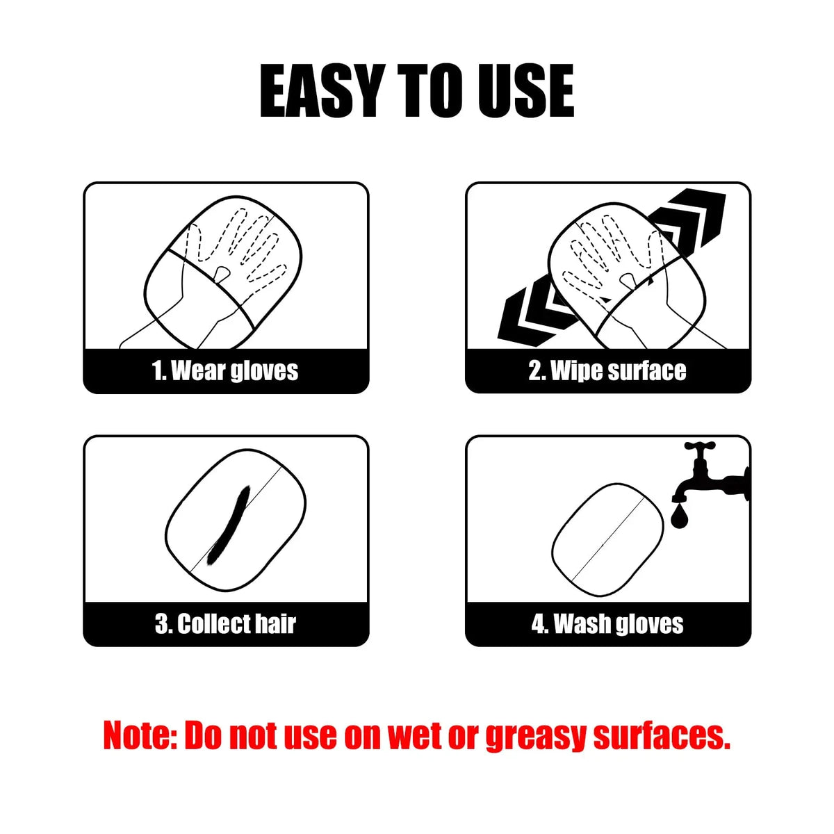 Four steps: wear, wipe, collect the hair, rinse the mitt