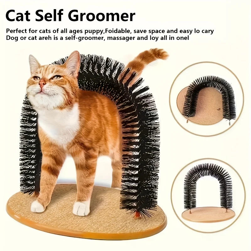 Ginger cat rubbing against a complete arch groomer, shown for context