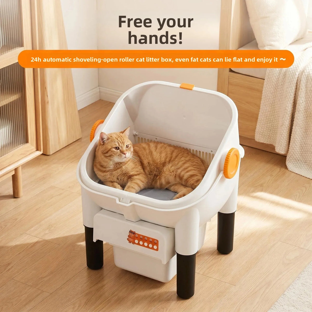 A cat lying inside the open drum of the litter box