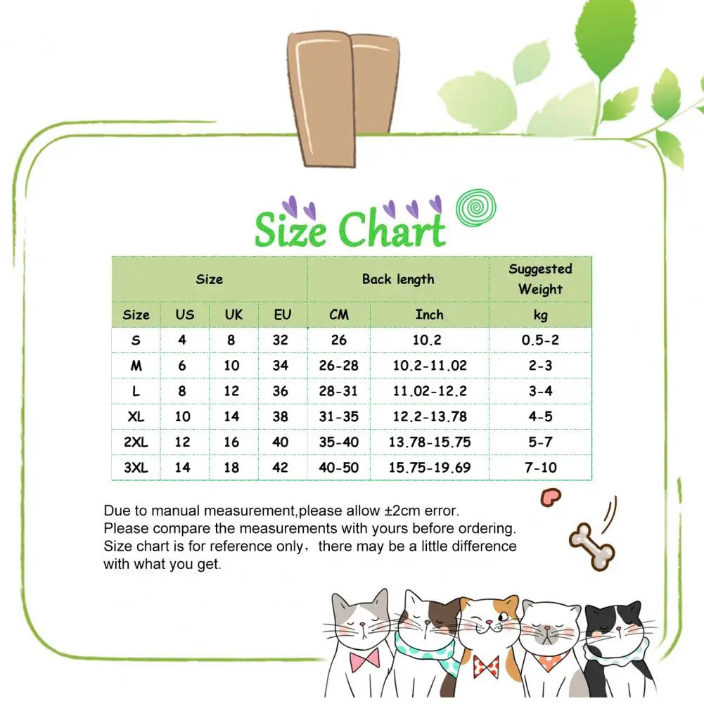 Size chart: back length and suggested weight for sizes S to 3XL